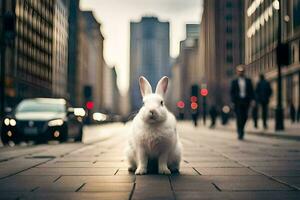 ein Weiß Hase ist Sitzung auf das Straße im Vorderseite von ein Stadt. KI-generiert foto