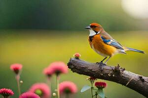 ein klein Vogel ist thront auf ein Ast. KI-generiert foto