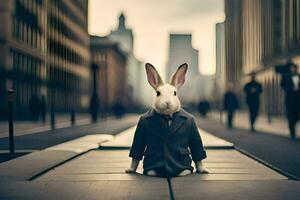 ein Hase gekleidet im ein passen und Krawatte sitzt auf das Straße. KI-generiert foto