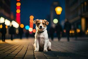 ein Hund Sitzung auf das Straße beim Nacht. KI-generiert foto