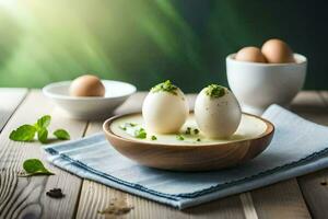 Eier im ein Schüssel mit Grün Blätter und ein Schüssel von Eier. KI-generiert foto