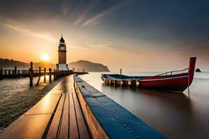 ein Boot sitzt auf das Dock beim Sonnenuntergang mit ein Leuchtturm im das Hintergrund. KI-generiert foto