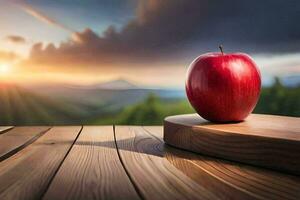 ein Apfel sitzt auf ein hölzern Tabelle im Vorderseite von ein Sonnenuntergang. KI-generiert foto