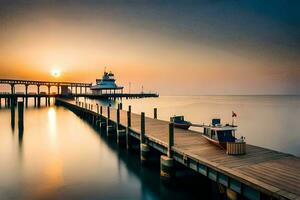 ein Seebrücke beim Sonnenuntergang mit Boote angedockt auf Es. KI-generiert foto