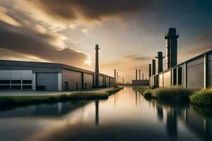 ein Fabrik mit Wasser und Gebäude beim Sonnenuntergang. KI-generiert foto