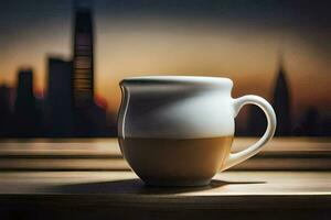ein Kaffee Tasse auf ein Fenster Schwelle mit ein Stadt im das Hintergrund. KI-generiert foto