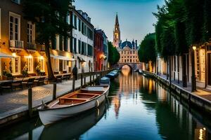 ein Kanal im ein Stadt mit Boote und Gebäude. KI-generiert foto