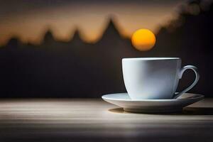 ein Tasse von Kaffee auf ein Tabelle im Vorderseite von ein Sonnenuntergang. KI-generiert foto