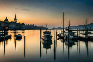 Boote angedockt im das Wasser beim Sonnenuntergang mit ein Kirche im das Hintergrund. KI-generiert foto