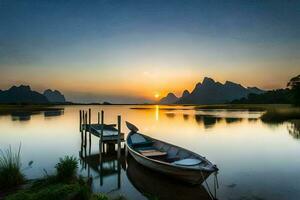 ein Boot sitzt auf das Wasser beim Sonnenuntergang. KI-generiert foto