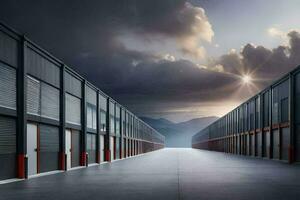 ein lange leeren Straße mit ein Sonne leuchtenden durch das Wolken. KI-generiert foto