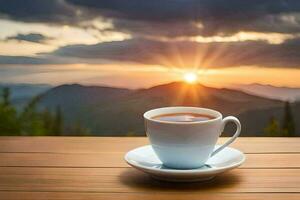 ein Tasse von Kaffee auf ein hölzern Tabelle im das Berge. KI-generiert foto
