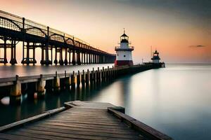 ein Seebrücke mit ein Leuchtturm und ein Dock beim Sonnenuntergang. KI-generiert foto