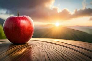 ein Apfel sitzt auf ein Tabelle im Vorderseite von ein Sonnenuntergang. KI-generiert foto