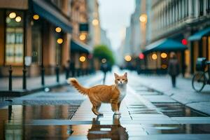 ein Orange Katze Gehen auf ein nass Straße. KI-generiert foto