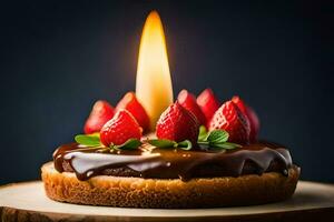 ein Schokolade Kuchen mit Erdbeeren und ein Kerze. KI-generiert foto