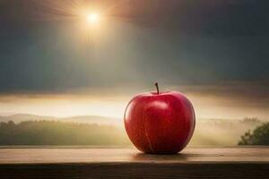 ein Apfel sitzt auf ein hölzern Tabelle im Vorderseite von ein Sonnenuntergang. KI-generiert foto