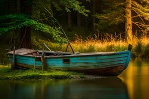 ein Boot sitzt auf das Ufer von ein See. KI-generiert foto