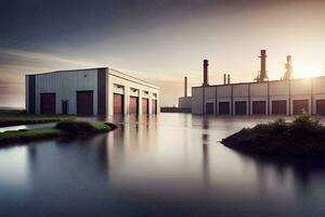 ein Fabrik mit Wasser und ein groß Gebäude. KI-generiert foto