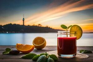 ein Glas von Saft mit Orangen und Zitronen auf ein Tisch. KI-generiert foto