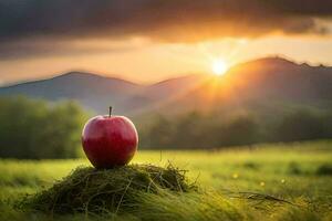 ein Apfel sitzt auf oben von ein grasig Hügel im Vorderseite von ein Sonnenuntergang. KI-generiert foto