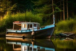 ein Boot ist angedockt auf das Wasser im Vorderseite von ein Wald. KI-generiert foto