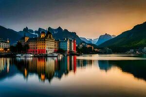 ein schön Sonnenuntergang Über ein See mit Berge im das Hintergrund. KI-generiert foto