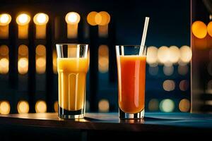 zwei Brille von Orange Saft mit Strohhalme auf ein Tisch. KI-generiert foto