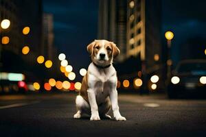 ein Hund Sitzung auf das Straße beim Nacht. KI-generiert foto