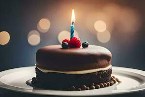 ein Schokolade Geburtstag Kuchen mit ein Single Kerze. KI-generiert foto
