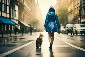 ein Frau im ein Blau Regenjacke Spaziergänge mit ein Katze auf ein regnerisch Straße. KI-generiert foto