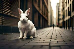 ein Weiß Hase ist Sitzung auf das Straße im ein Gasse. KI-generiert foto