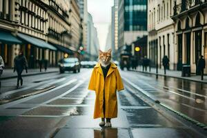 ein Katze im ein Gelb Regenjacke Stehen auf ein Stadt Straße. KI-generiert foto