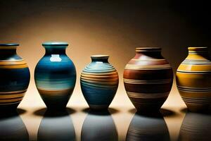 ein Reihe von bunt Vasen auf ein reflektierend Oberfläche. KI-generiert foto