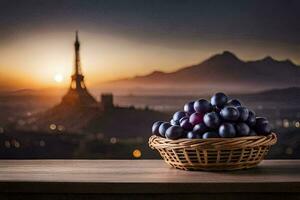 Trauben im ein Korb auf ein Tabelle mit das Eiffel Turm im das Hintergrund. KI-generiert foto