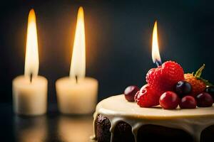 ein Geburtstag Kuchen mit Beeren und Kerzen. KI-generiert foto