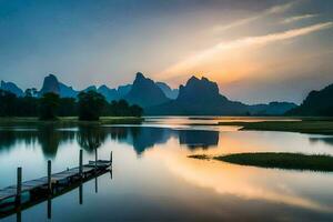 das Sonne setzt Über ein See und Berge im China. KI-generiert foto