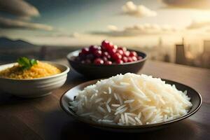 das Reis ist serviert im ein Schüssel mit ein Schüssel von Trauben und ein Schüssel von Reis. KI-generiert foto