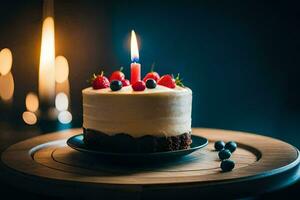 ein Geburtstag Kuchen mit Beeren und ein Kerze. KI-generiert foto