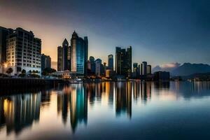 das Stadt Horizont ist reflektiert im das Wasser beim Sonnenuntergang. KI-generiert foto