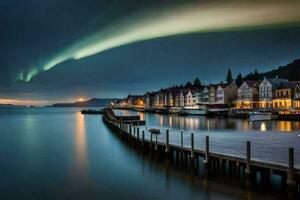 das Aurora Borealis Beleuchtung oben das Himmel Über ein Seebrücke. KI-generiert foto