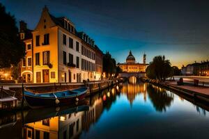 ein Kanal im das Stadt beim Nacht mit Boote. KI-generiert foto