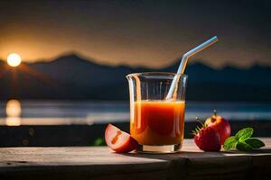 ein Glas von Saft mit Erdbeeren und ein Stroh. KI-generiert foto