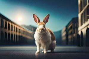 ein Hase ist Stehen im das Mitte von ein leeren Straße. KI-generiert foto