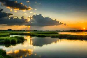 Sonnenuntergang Über das Sumpf. KI-generiert foto
