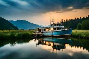 ein Boot angedockt im das Wasser beim Sonnenuntergang. KI-generiert foto