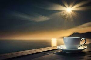 Kaffee Tasse auf das Tisch, das Sonne, das Meer, das Himmel, das Horizont,. KI-generiert foto