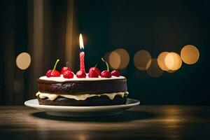 ein Schokolade Kuchen mit ein Single Kerze auf oben. KI-generiert foto