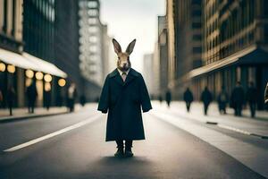 ein Hase tragen ein Mantel und Krawatte Stehen im das Mitte von ein Stadt Straße. KI-generiert foto