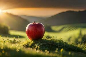 ein rot Apfel auf ein Hang. KI-generiert foto